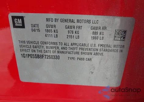 2015 Chevrolet Cruze 2Lt Auto из США, поврежденный, VIN 1G1PE5SB8F7260330